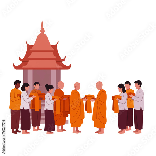 Buddhist Monks Receiving Alms and Offerings.