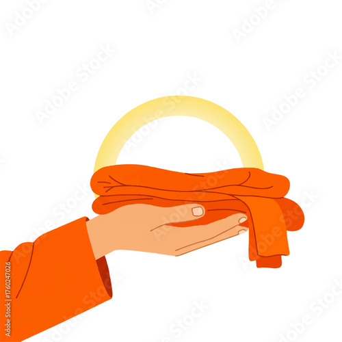 Buddhist Monks Hand Holding Saffron Robe.