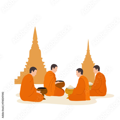 Buddhist Monks Receiving Alms at Temple.