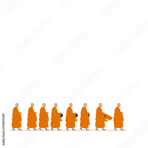 Buddhist Monks Walking in Spiritual Procession.