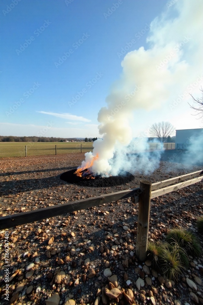 Fototapeta premium Controlled Burn Strategic fire used for land management and ecological restoration. A wide shot of a controlled grass fire in a rural landscape. A visible smoke plume rises in the distance. The fire