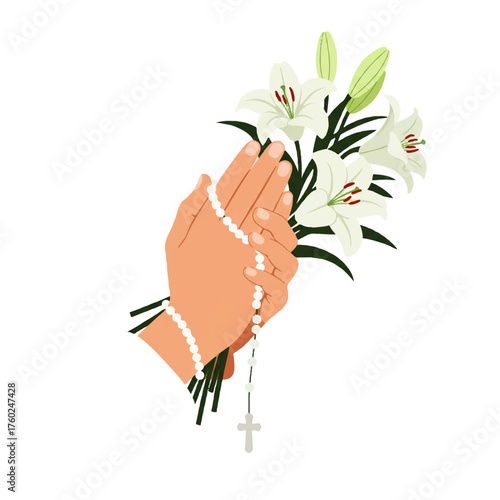 Praying Hands with Rosary and White Lilies.