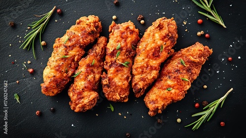 Crispy fried chicken tenders on a matte black background
