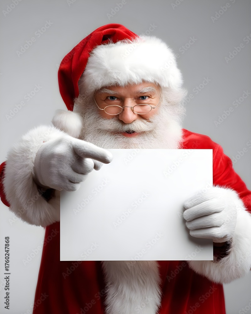 Naklejka premium Cheerful Santa Claus Holding Blank Sign for Holiday Wishes and Greetings