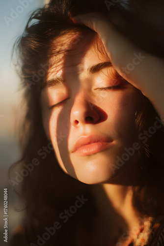 Solitude Serenity: A woman, serene with closed eyes, basks in the warm embrace of sunlight, her face illuminated in gentle shadow, evoking a sense of peaceful contemplation.