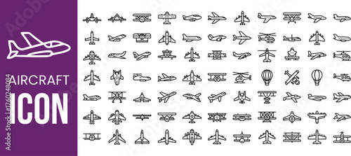 Collection of diverse aircraft icons and symbols representing different types of airplanes and aviation concepts