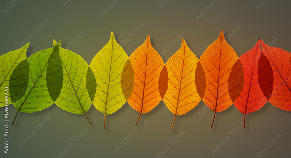 This visually striking composition features a seamless progression of translucent leaves, illustrating nature's captivating spectrum as green transforms into warm autumnal hues.