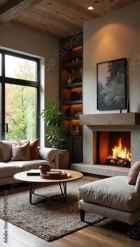 Wallpaper Mural Serene Living Room with Fireplace Cozy Sofa, Warm Lighting, Perfect for Relaxation and Family Gatherings Torontodigital.ca