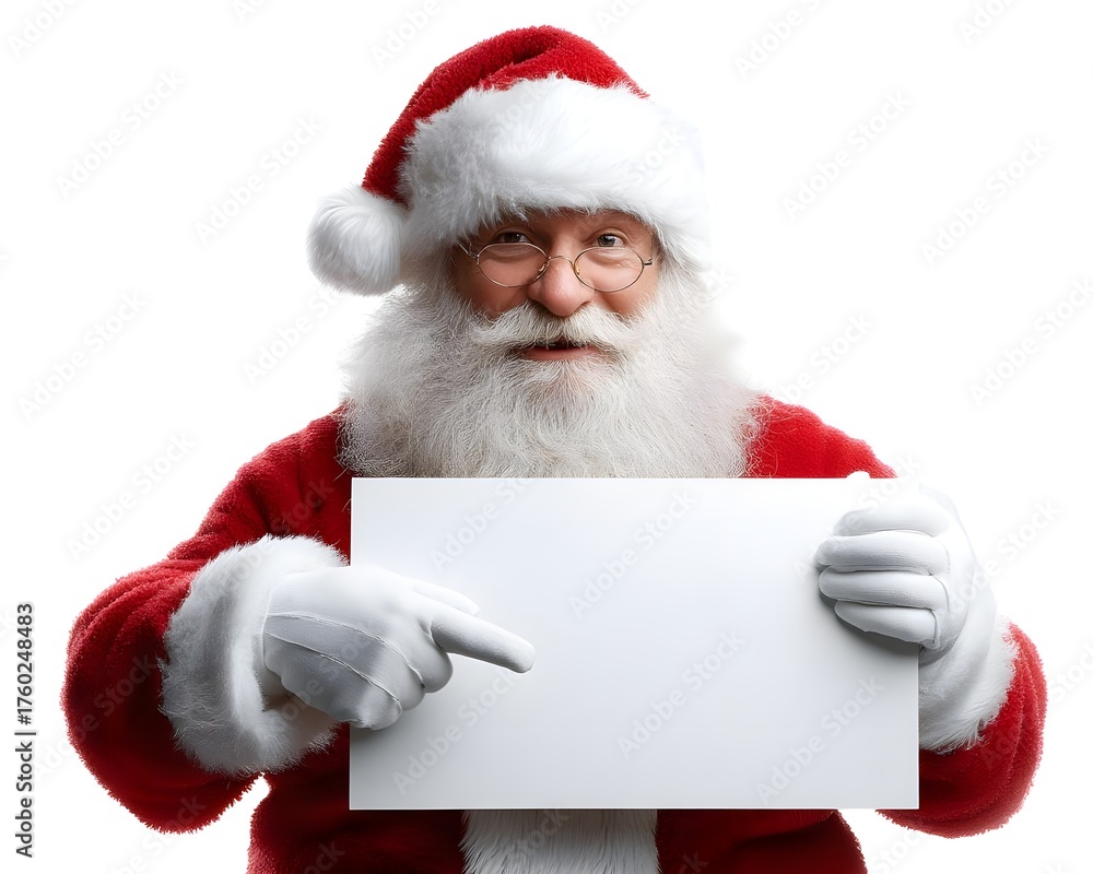 Naklejka premium Cheerful Santa Claus Holding Blank Sign for Holiday Messages