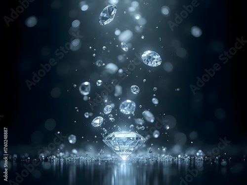 Dazzling diamonds fall onto a dark, reflective surface, featuring a glowing centerpiece, horizontal composition. Cool blue light illuminates sparkling gems and bokeh against the dark backdrop.