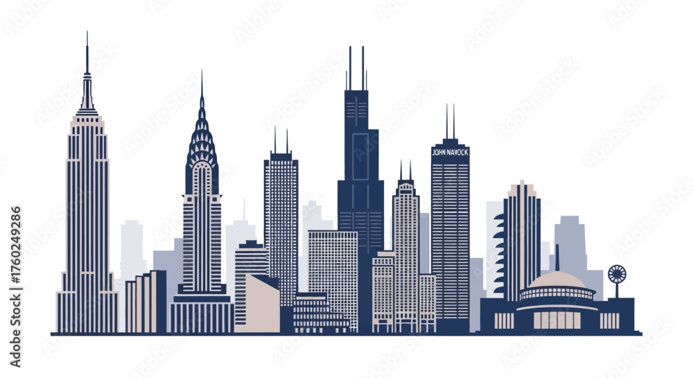 Fototapeta premium A stylized illustration of a composite American city skyline featuring iconic skyscrapers from New York and Chicago.