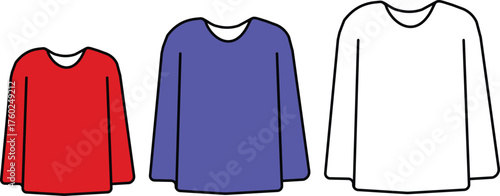 A versatile vector set of long-sleeved shirts in multiple sizes and colors. Includes red, blue, and a blank white outline template suitable for apparel design and clothing mockups