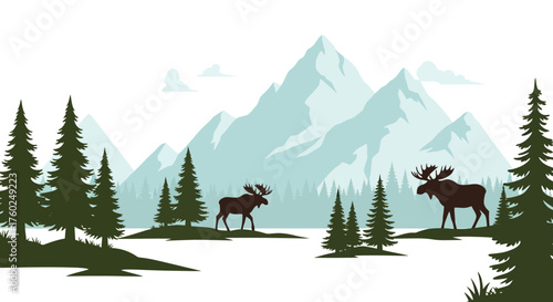 Two moose stand in a serene mountain landscape with pine trees and snow-capped peaks.