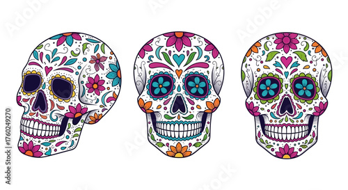 Three colorful sugar skulls with intricate floral patterns, celebrating Dia de los Muertos.