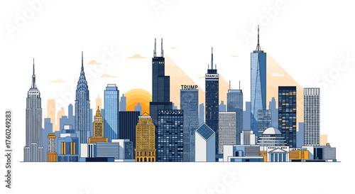 Illustration of a city skyline with various skyscrapers and buildings against a white background.