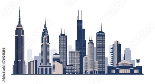 A stylized illustration of a composite American city skyline featuring iconic skyscrapers from New York and Chicago.