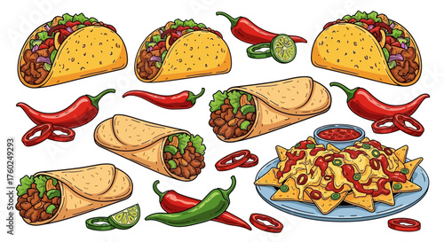 A vibrant illustration showcasing a variety of delicious Mexican food items including tacos, burritos, nachos with salsa, and fresh chili peppers.