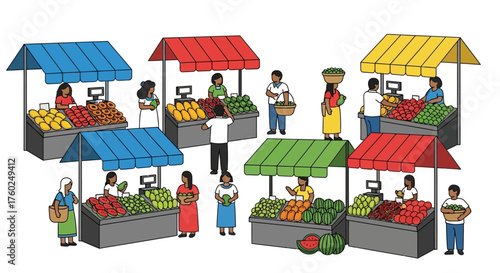 Illustration of a bustling outdoor farmers' market with people buying and selling fresh fruits and vegetables.