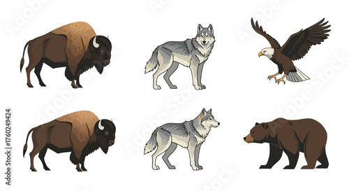 A collection of North American wildlife including bison, wolves, an eagle, and a bear.