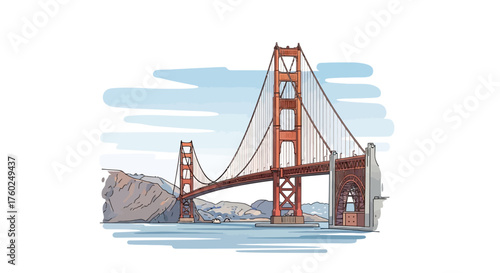 Illustration of the Golden Gate Bridge in San Francisco, California, with blue sky and water.