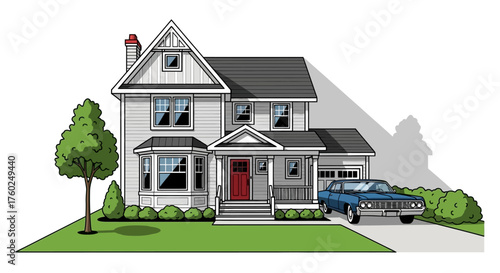 Illustration of a classic two-story suburban house with a red door, a blue car in the driveway, and a green lawn.