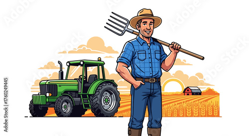 A farmer stands proudly in a field with his tractor and pitchfork, symbolizing agriculture and rural life.