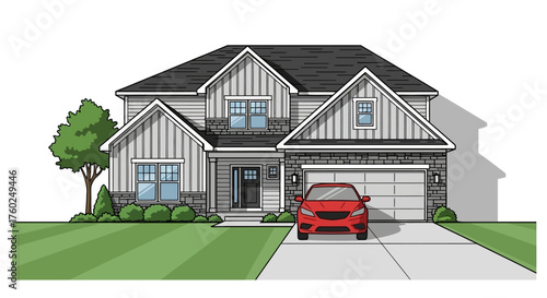 An illustration of a modern two-story suburban house with a gray exterior, a two-car garage, and a red car parked in the driveway, surrounded by a green lawn and landscaping.