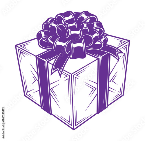 Vector illustration of a beautifully wrapped gift box with a large purple bow on top