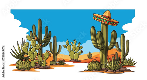 A vibrant cartoon illustration of a desert landscape filled with various cacti and a sombrero-wearing saguaro cactus under a clear blue sky.