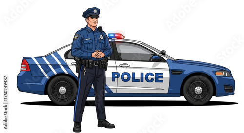 A police officer stands in front of a blue and white police car, ready for duty.