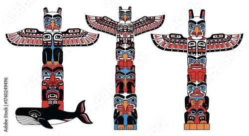 Three colorful Indigenous totem poles with detailed animal carvings and a whale on a white background, representing Pacific Northwest culture.