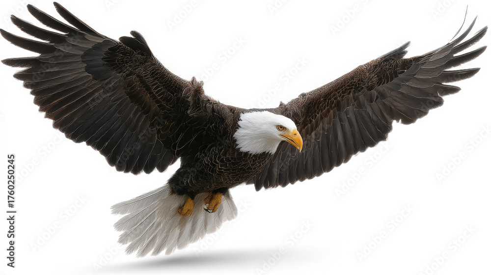 Fototapeta premium Majestic bald eagle in flight with wings spread wide against a white background