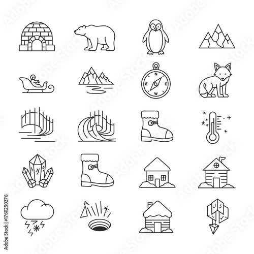 Collection of Nature and Wildlife Linear Icons, Including Polar Bear, Mountain, Forest, Cloud, Rain, Tree, and Landscape.