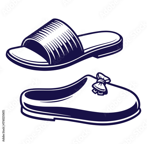 Vector illustration of two different style shoes slippers in detailed monochrome design