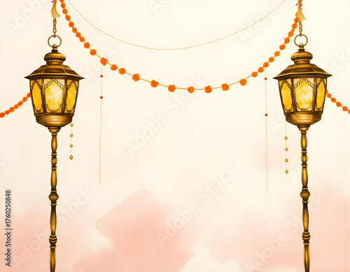 Hand-painted watercolor wedding backdrop featuring traditional brass lamps, marigold strings, and subtle golden brush textures over a cream and blush base.