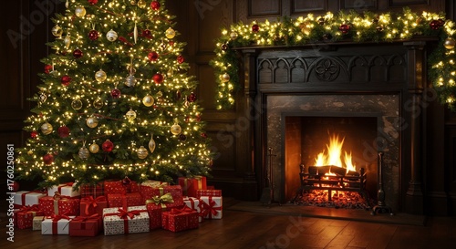 Traditional Christmas tree and glowing fireplace with wrapped presents in a festive home interior