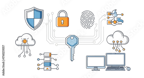 Modern data protection with cutting-edge cybersecurity solutions secures information with cloud technology and fingerprint security for digital safety