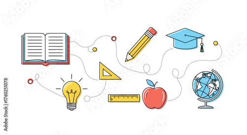 Inspiring learning journey with educational icons, perfect for back to school campaigns and creative projects, conveying knowledge, growth, and academic success