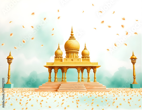 Mint Green Watercolor Mandap Backdrop — watercolor shades of mint and pastel cream, temple silhouettes in gold, and floating jasmine petals creating a serene festive scene.