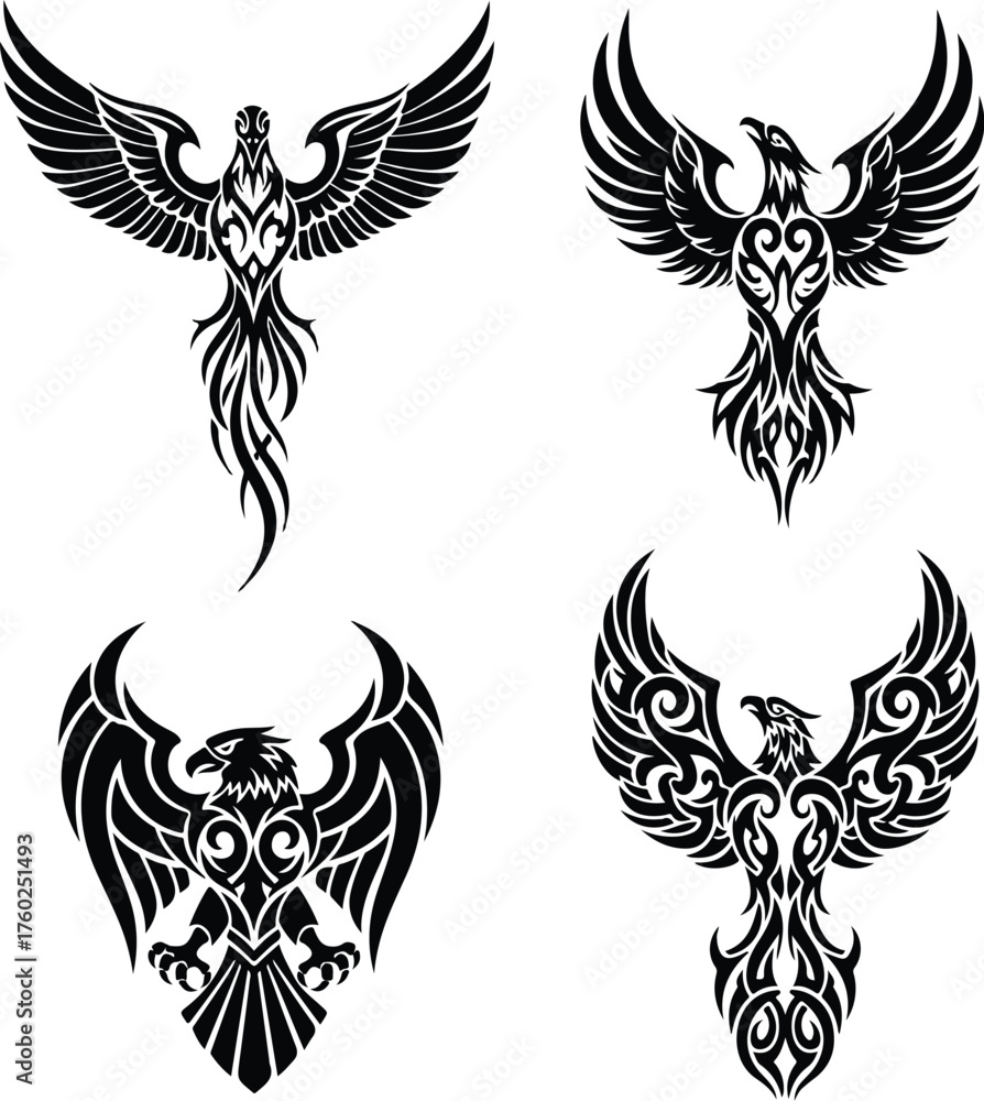Fototapeta premium Tribal Phoenix Bird Tattoo Design Set