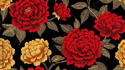 Red Peony with Golden Leaves Vintage Pattern - Decoration Design Material --2
