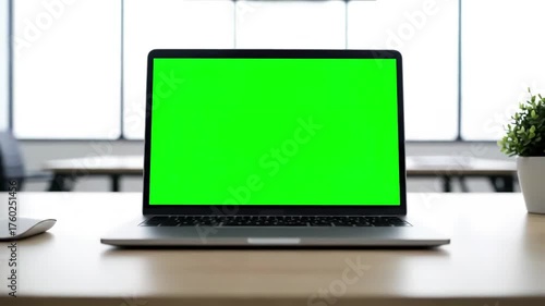 Green Screen Laptop Workspace with over the shoulder shot of asian woman looking at office person using computer 4k dolly distortion, overlay, glitch, static noise, scan lines on black background