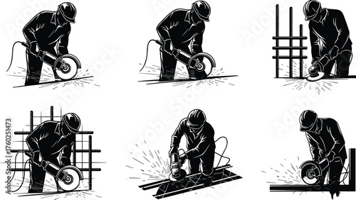 Construction worker using angle grinder, metal cutting sparks, industrial safety gear, grinding steel, protective helmet, gloves, welding, fabrication, labor, jobsite