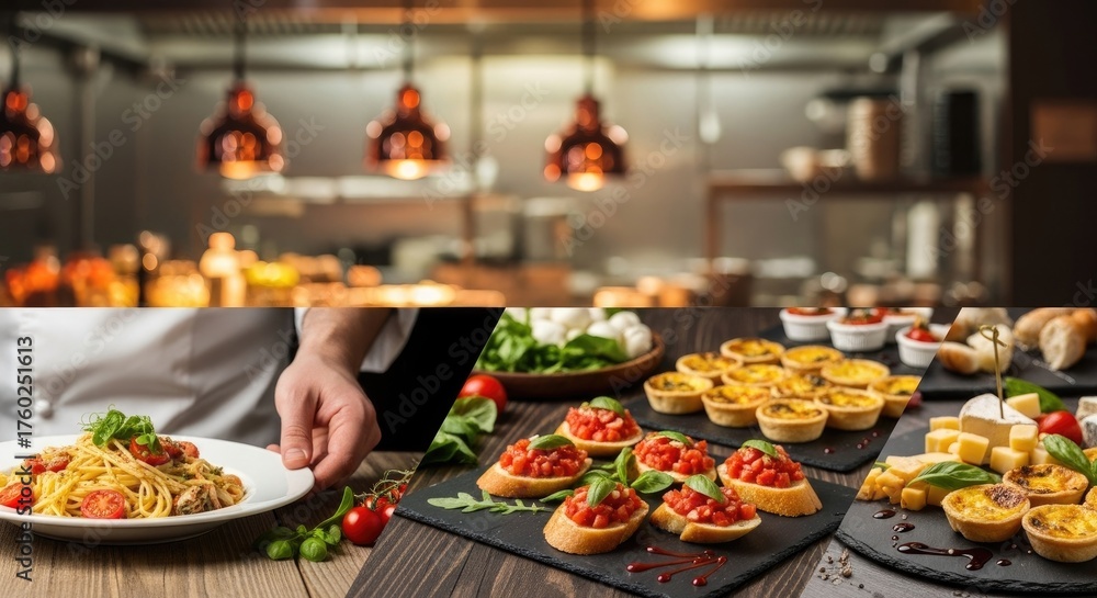 Obraz premium A chef preparing a meal in a restaurant kitchen. The scene is vibrant with various ingredients and dishes.