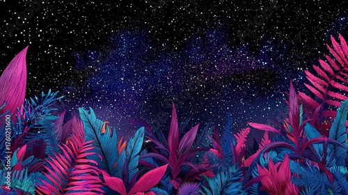 Neon Tropical Plants and Starry Sky - Fantasy Art Illustration Material