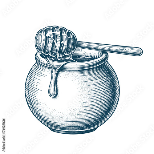 Vintage Honey Jar with Dipper Illustration | Hand Drawn Sweet Natural Honey Pot | Beekeeping Art Design