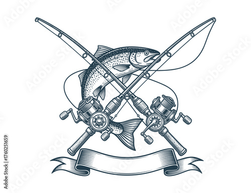Vintage Fishing Logo with Crossed Rods and Fish | Hand Drawn Angler Emblem | Outdoor Sport Design