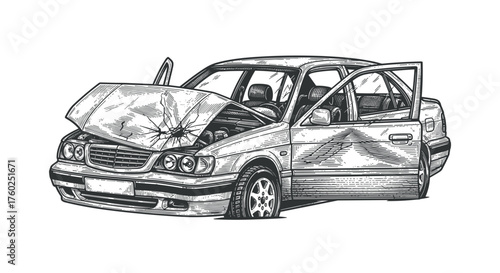 Vintage Hand Drawn Crashed Car Illustration | Damaged Vehicle Sketch | Accident and Insurance Concept
