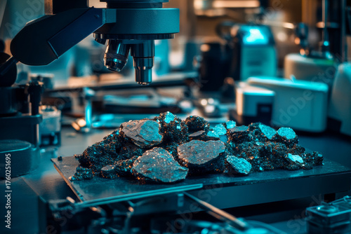 Close up of critical mineral samples on lab table under microscope with scientific equipment in background showing detailed texture and metallic shine