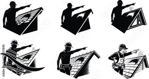 Roof damage inspection, construction worker pointing, missing shingles, home repair, roofing expert, storm aftermath, safety check, insurance claim, silhouette illustration